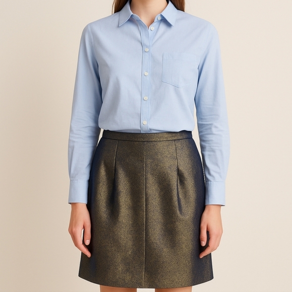 NWT Harvé Benard Blue Chambray Gold Shimmer A-Line Skirt Women’s 12 - Picture 1 of 15